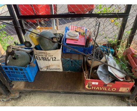 Toolbox, enamel lampshades, vintage toys, etc 