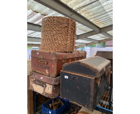 Dome top travelling trunk, 2 other vintage trunks and a wicker basket 