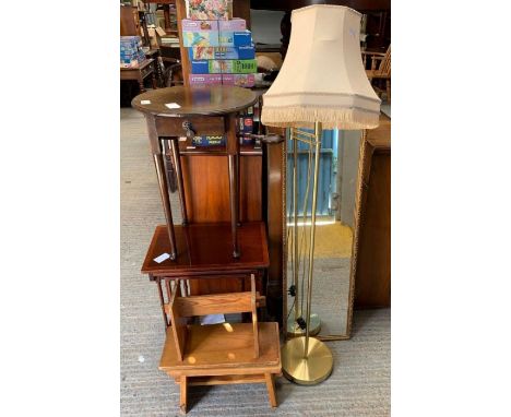 Small nest of tables, 2 wooden foot stools, small games table, mirror &amp; standard lamp