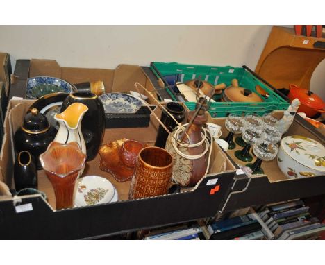 Three boxes of glass and ceramics, to include carnival glass and Worcester Evesham 