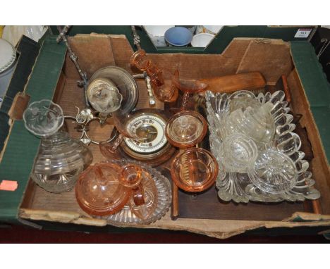 A collection of miscellaneous items, to include a barometer, pressed glassware, and dressing table brushes 