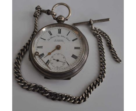 H Samuel of Manchester, gents silver cased open faced pocket watch with The Climax Trip Action Patent keywind movement, white