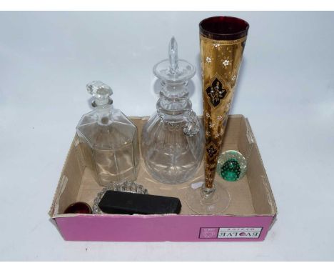 A collection of miscellaneous items, to include an early 20th century ruby glass and gold overlaid vase, of trumpet shape, h.