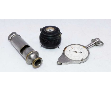 A collection of miscellaneous items to include an Acme City Whistle, an F&amp;C centimetre to kilometre conversion tool, and 