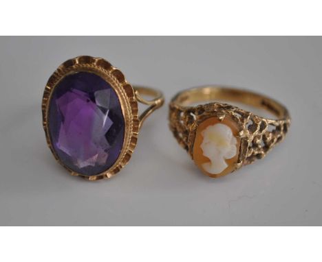 A 9ct gold and amethyst set dress ring, size O, together with a 9ct gold carved shell cameo ring, size O, gross weight 7.5g (