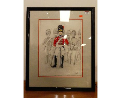 R D Lovell - Trooper, Second Dragoons 1807, mixed media, signed and dated 1991, 40 x 30cm; together with a military print (2)