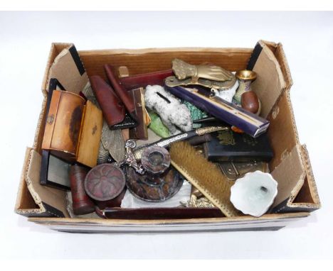 A collection of miscellaneous items, to include a Victorian brass paperclip in the form of a hand, Mauchlinware casket, polis