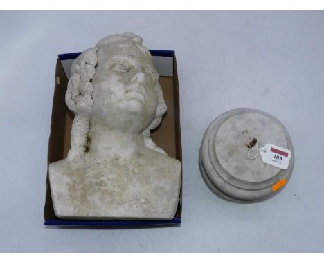 A Victorian style marble head and shoulders portrait bust, carved as a young girl, on a socle base (in two parts)