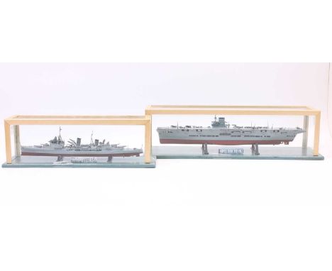 1/600th scale plastic kit built ship group, 2 examples to include HMS Belfast and HMS Ark Royal, both housed in wooden and gl