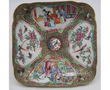 A 19th century Chinese Canton export dish, of shaped square form in the famille verte palette, the opposing panels decorated 