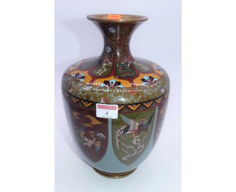 A Japanese cloisonne vase having a flared rim to slender neck and baluster body, each panel enamel decorated with an exotic b