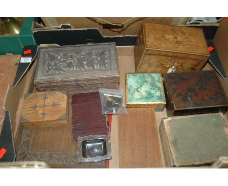A box of treen, to include a George III boxwood strung and fan inlaid twin compartment tea caddy