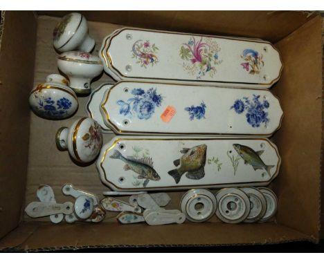 A box of Victorian and later ceramic door furniture, to include finger-plates, keyhole covers, door knobs etc 