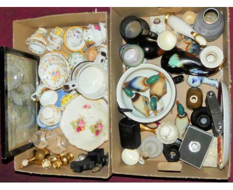 Two boxes of miscellaneous items, to include crested cabinet china, 1970s Wade Potteries Taunton Cider Company tyg, 19th cent