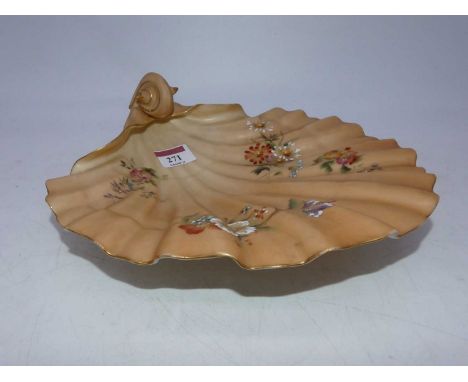 A Graingers Royal Worcester Chinaworks blush ivory shell shaped dish, having floral enamel decoration, printed mark verso, sh
