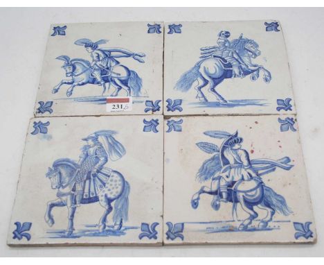 A set of five 19th century blue and white ceramic tiles, each underglaze decorated with a figure upon horseback, 15.5 x 15.5c