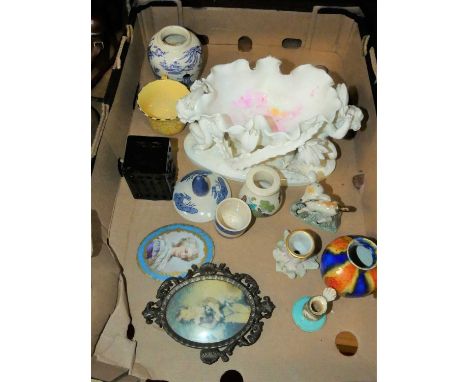 A Victorian Moore Brothers blanc-de-chine table centrepiece, the shaped bowl supported by two kneeling cherubs, with further 