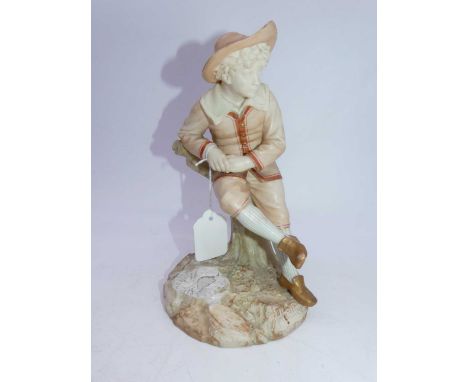 A James Hadley for Royal Worcester blush ivory figure, modelled as a Greenway Youth in seated pose upon a treestump and natur