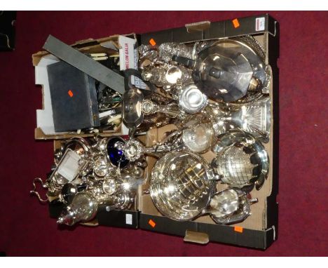 Two boxes of silver plated wares, to include table candlesticks, Art Deco four-piece tea and coffee service, table cruet set 