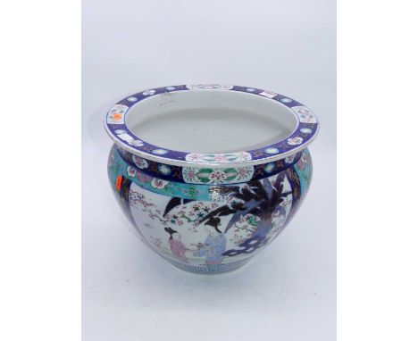 A large reproduction Chinese fish bowl, of squat circular form, enamel decorated with various figures within landscapes, dia.