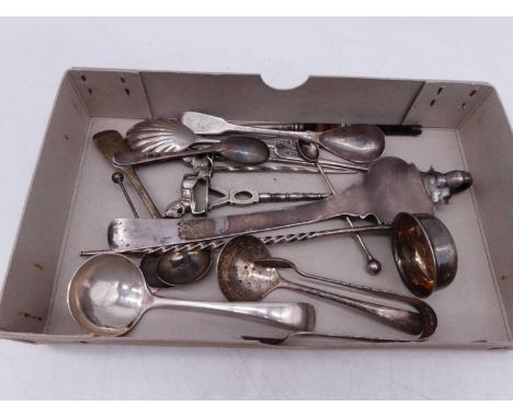 A collection of various silver and plated wares to include teaspoons, sifting spoon, sauce ladle etc