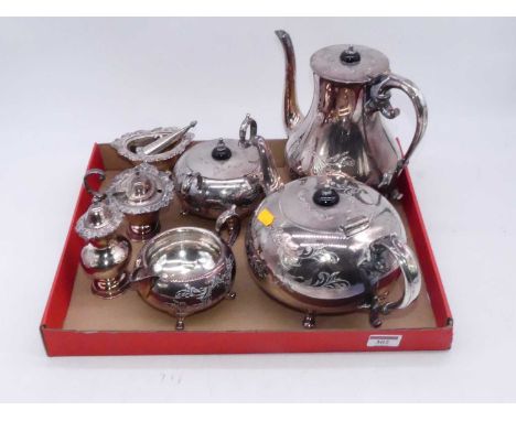 A collection of silver plated wares, to include a four-piece tea and coffee service, and a three-piece table cruet set 