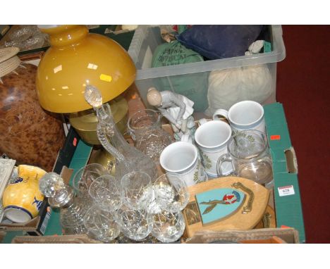 A box of glass, ceramics and metalware, to include a silver collared cut glass decanter, a brass cased drum clock with enamel