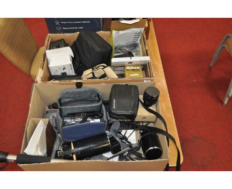 Two boxes of photography equipment, to include a GVC Everio S camcorder, and a Nikon 50mm lens 