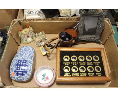 A box of miscellaneous items, to include Victorian Staffordshire pastille burners, a Chinese enamel decorated bowl, a Vienna 