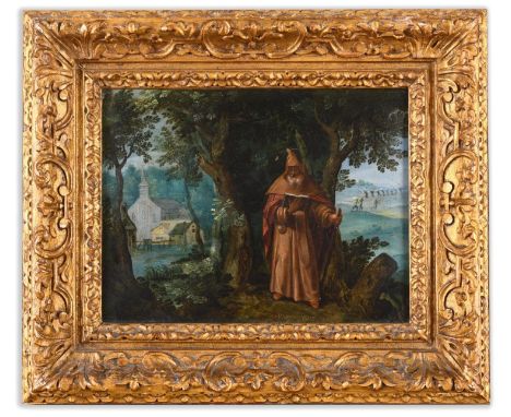 Manner of Paul Bril (1554-1626), Saint Pathnutius wearing brown robes, reading a book and holding a staff under a tree, with 