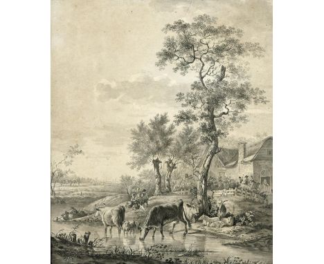 English school, late 18th/early 19th century, figures in a cart near a dwelling, with cattle watering in the foreground, grey