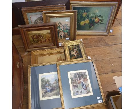 English school, 19th century, study of two calves, oil on canvas, unsigned, 23 x 15 cm, and eleven other pictures and prints 