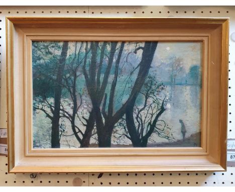 George Manchester (1922-1996), landscape with figure, oil on board, monogrammed, gallery invitation verso,  22 x 36 cmReport 