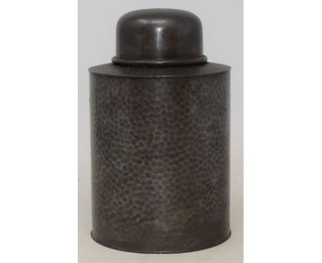 A Cornish pewter tea caddy and cover, impressed marks to base, 19 cm highSee images . Light ware due to use and age , 