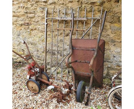 A large gate, two bicycles, a wheelbarrow and rotavator (spares or repair) (5) 