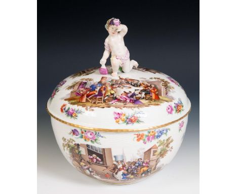 A Berlin porcelain punch bowl and cover, with a putto finial, decorated extensive scenes of figures banqueting and musicians,