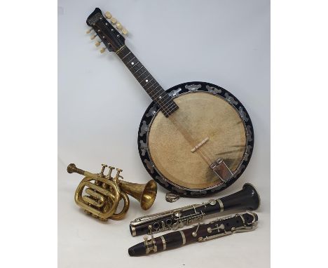 A Melody Major banjo, a Bessons & Co trumpet, and a clarinet (3) 