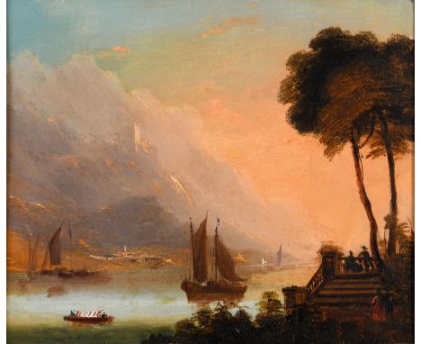 Continental school, early 19th century, coastal landscape with figures, oil on canvas, 24 x 28 cm 