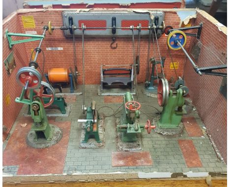 An early 20th century Wilesco miniature workshop, all tools powered by single pulley, 56 cm wide 