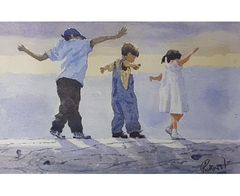 Bryan Pickard, tight-roping, watercolour, signed, gallery label verso, 18 x 27 cm, two prints and two framed Victorian greeti