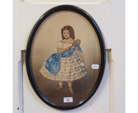 Victorian school, a young girl holding a small bat and wearing a blue sash, watercolour, oval, 39 x 28.5 cm 