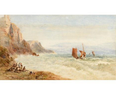 William Bennett (1811-1871), seascape with boats and figures, watercolour, signed and dated 1860,  32 x 56 cm 
