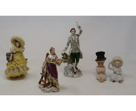An 19th century Dresden figure of an artist, 12 cm high,  and other 19th century and later figures (box) 