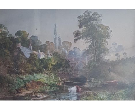 English school, 19th century, landscape with figures and cattle, watercolour, 29 x 44 cm 