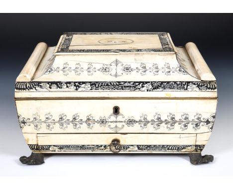 A Vizigapatan work box, of sarcophagus form, intialled R M and decorated figures and foliage, on four scroll feet, some damag
