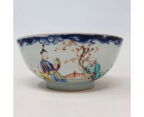 A Chinese famile rose bowl, decorated with figures, 20 cm diameterno visible cracks, a few very minor nibbles to the edges, s