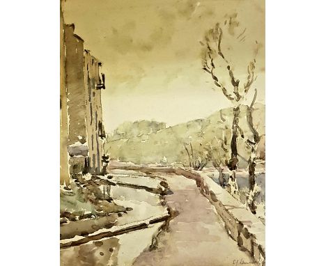 Samuel John Lamorna Birch (1869 -1955), river with houses, watercolour, signed, 26 x 22 cm and a set of five 19th century pri