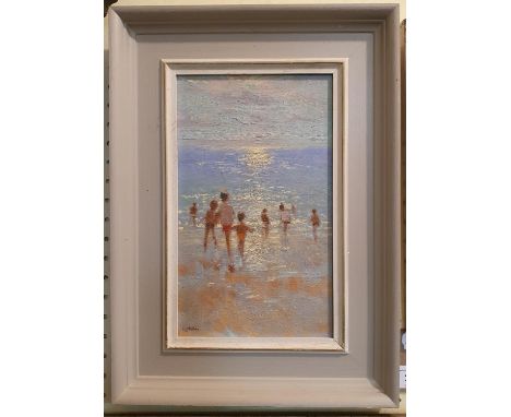 Laurence Belbin (b. 1958), figures on a beach, acrylic on board, signed, 24 x 14 cm 