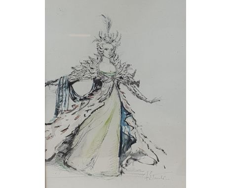 A costume design, watercolour, signature indistinct, 26 x 20 cm, and three prints (4) 