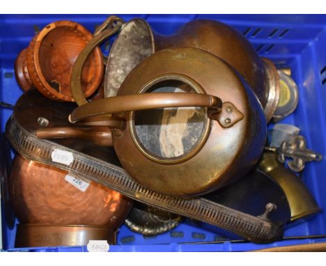 An early 20th century copper jug, horse brasses, silver plate, other metalwares and an Art Deco style brass and frosted glass